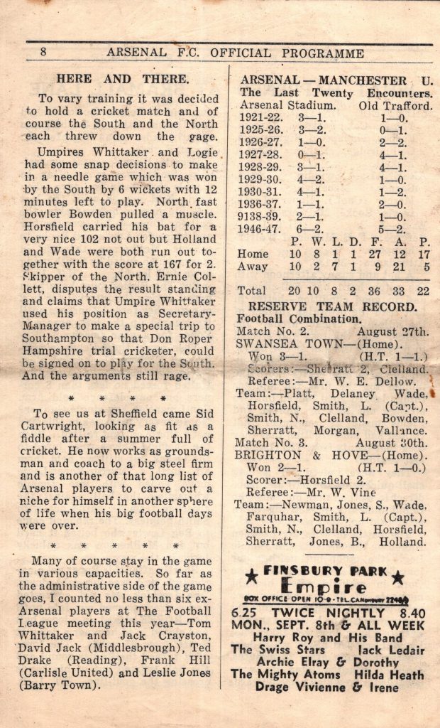 6th September 1947 Arsenal v Manchester United Division One Matchday 05 1947-1948 - Image 2