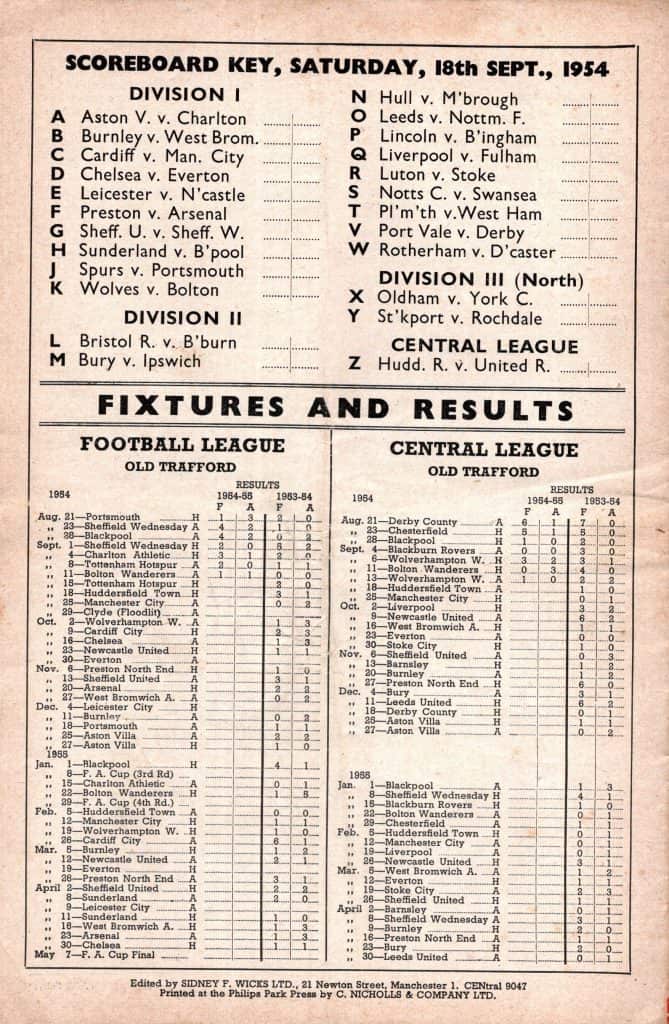 18th September 1954 Manchester United v Huddersfield Town Division One Matchday 09 1954-1955 - Image 2