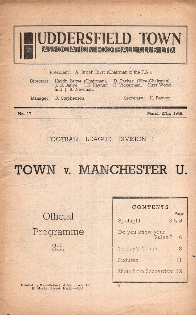 27th March 1948 Huddersfield Town v Manchester United Division One Matchday 35 1947-1948
